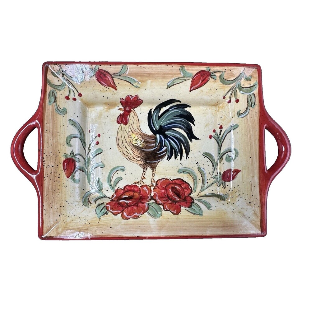Honey Poppy Rooster Rectangular Platter with Handles Glossed Ceramic 13.5 Inches